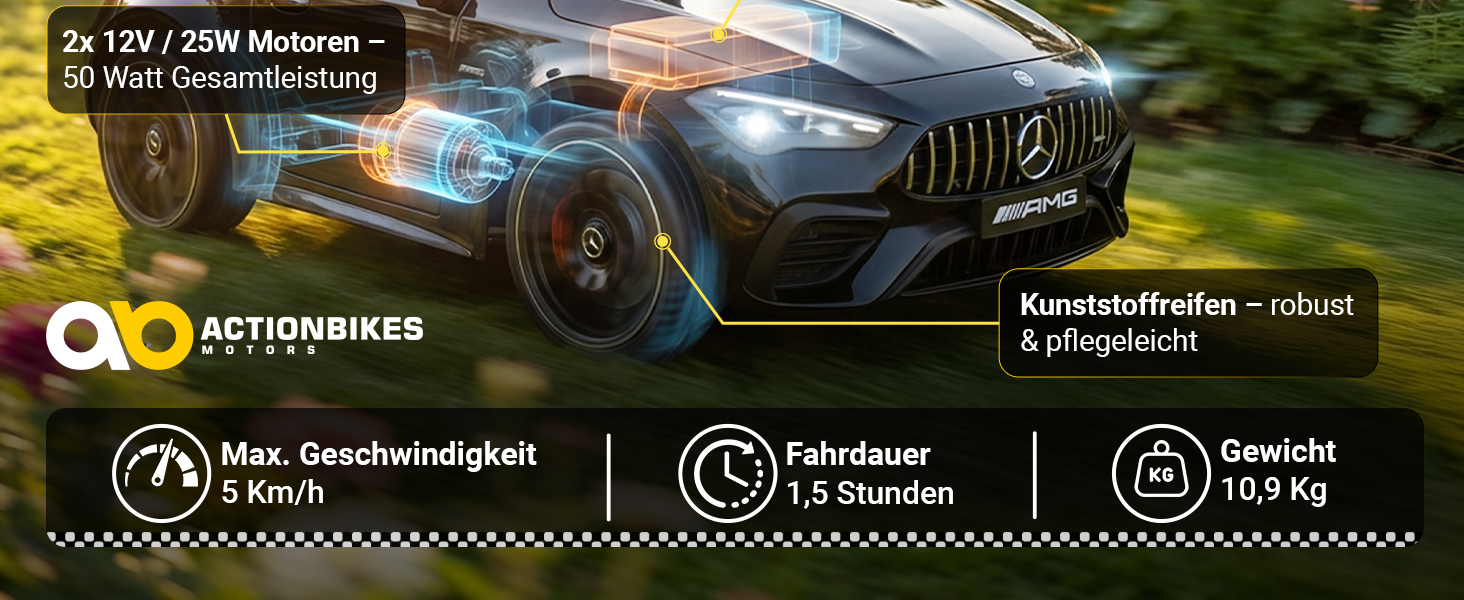 Leistungsstarker Antrieb für maximalen Fahrspaß Das Mercedes-AMG CLE 53 Kinder-Elektroauto überzeugt mit zwei 12-Volt-Motoren und insgesamt 50 Watt Leistung für kraftvolle Beschleunigung. Robuste Kunststoffreifen sorgen für zuverlässigen Grip und geringen Wartungsaufwand. Mit bis zu 5 km/h Höchstgeschwindigkeit, einer Fahrdauer von bis zu 1,5 Stunden und einem Gewicht von 10,9 kg bietet das Fahrzeug die ideale Kombination aus Leistung und Alltagstauglichkeit.